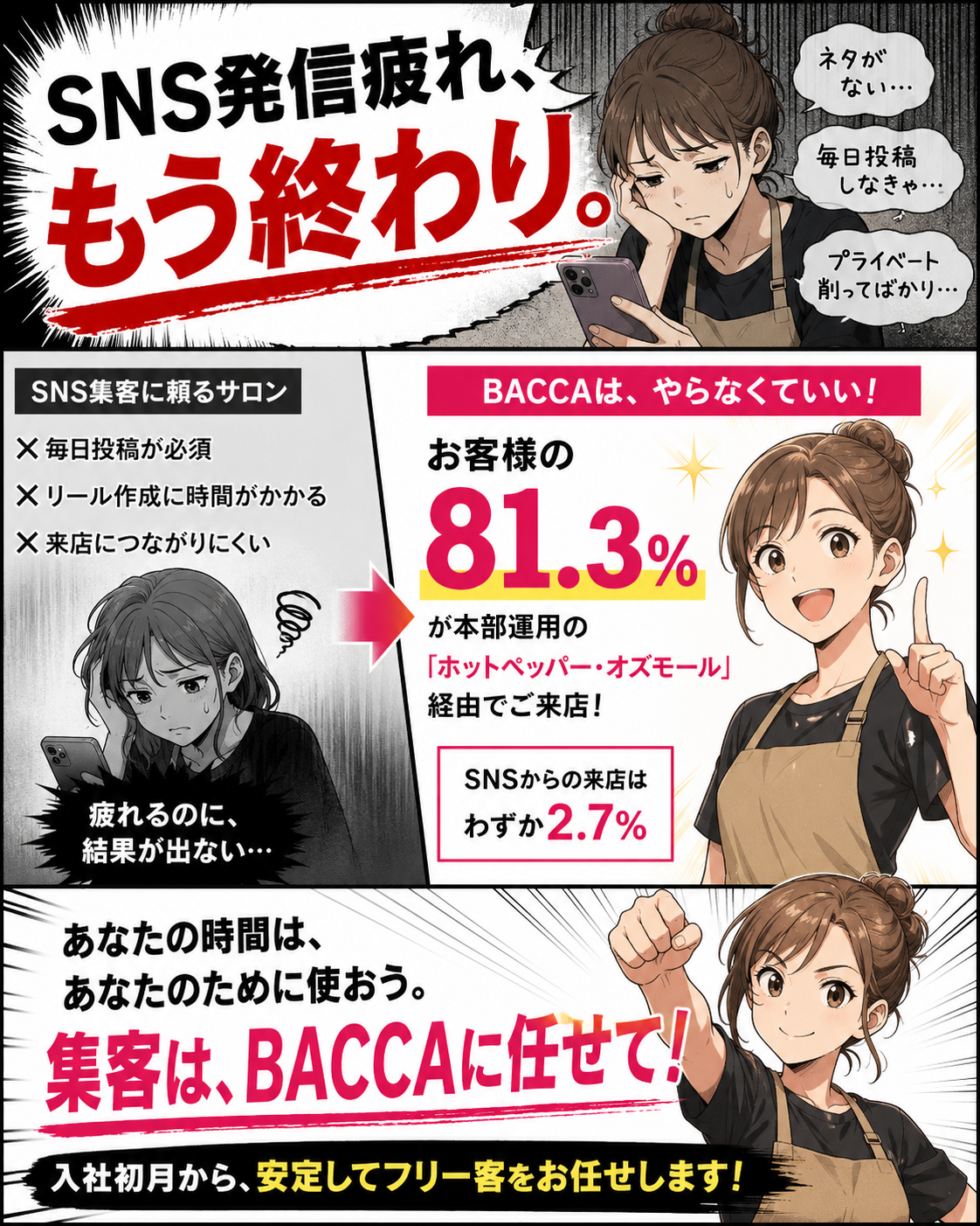 SNS発信疲れ、もう終わり。集客はBACCAに任せて！
