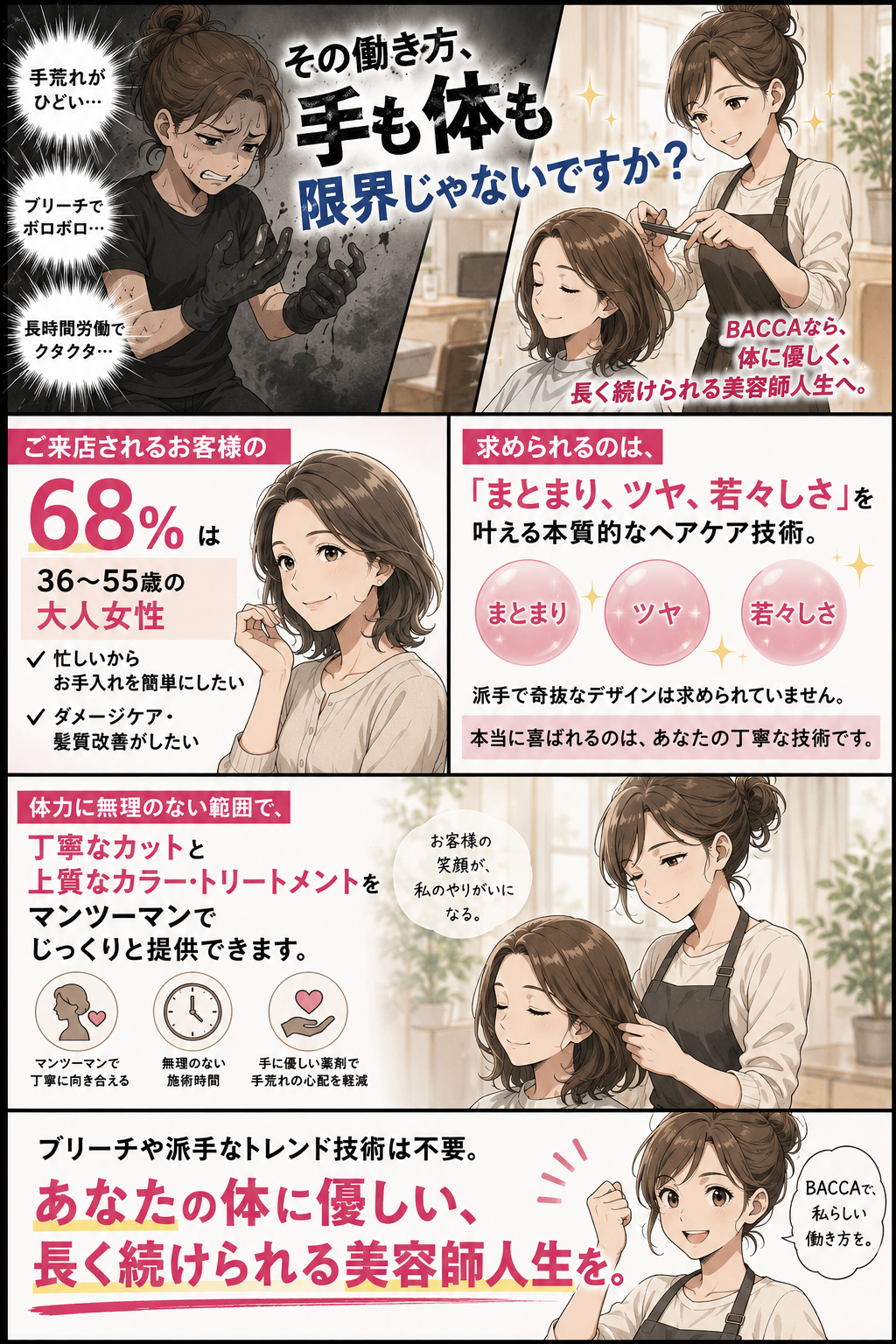 その働き方、手も体も限界じゃないですか？BACCAなら体に優しく長く続けられる美容師人生へ